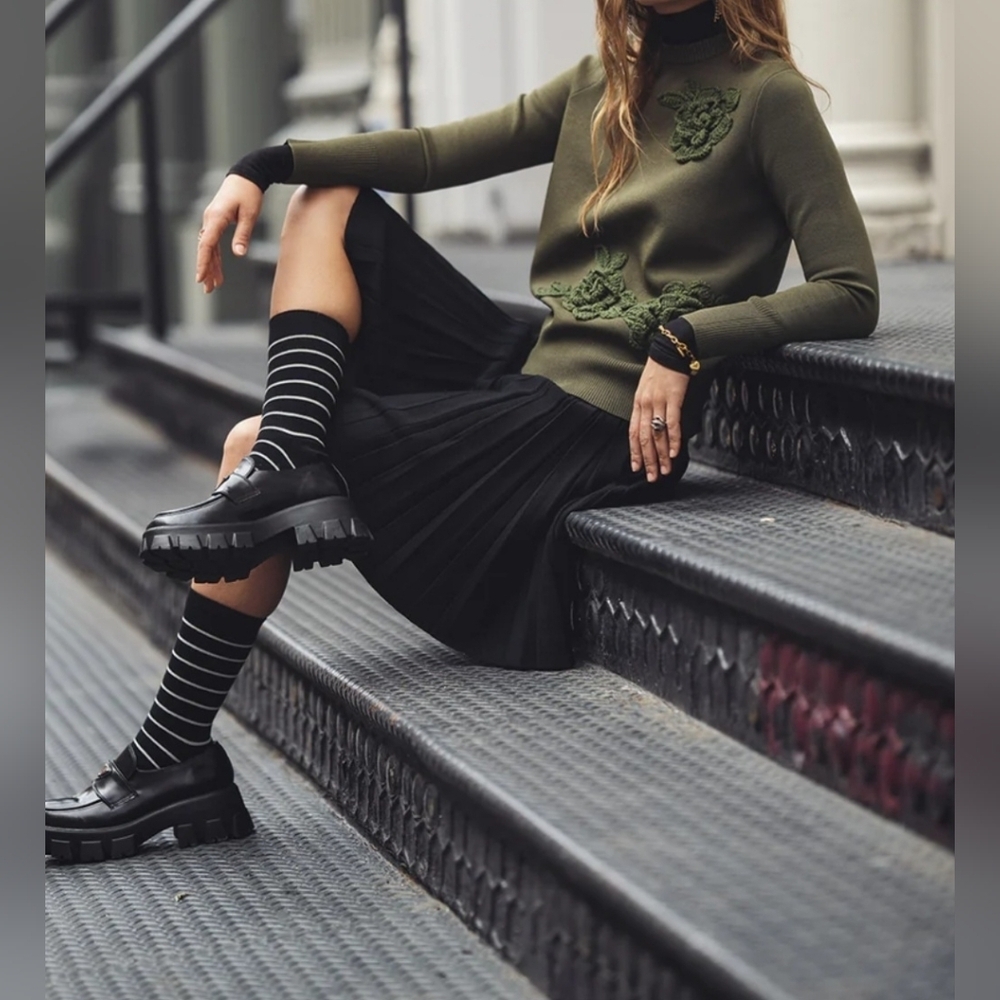 Aleeza Dahlia Olive Green Sweater with Crochet Flowers